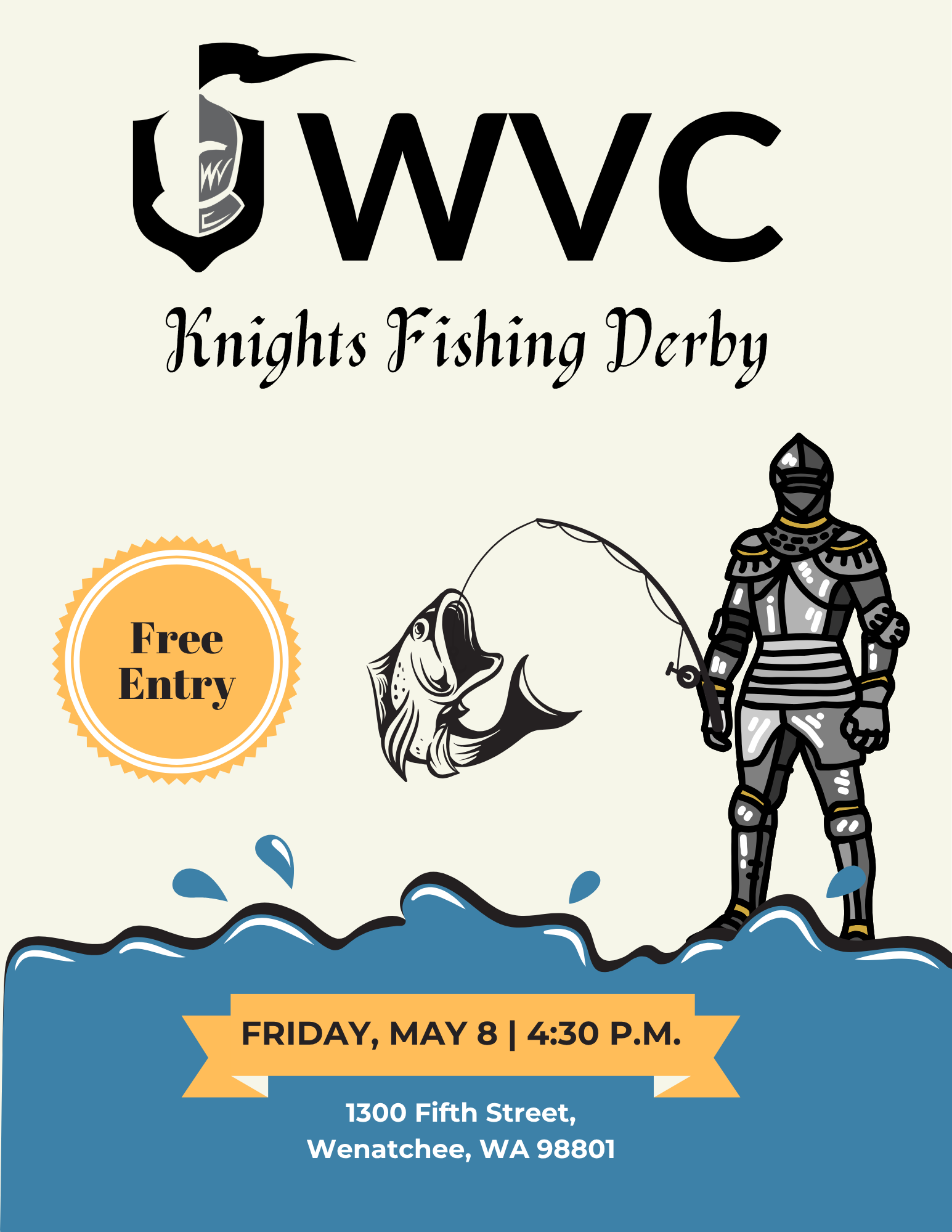 Flyer showing graphic of a black knight with a fishing pole and a large fish. Title says, "WVC Knights Fishing Derby".