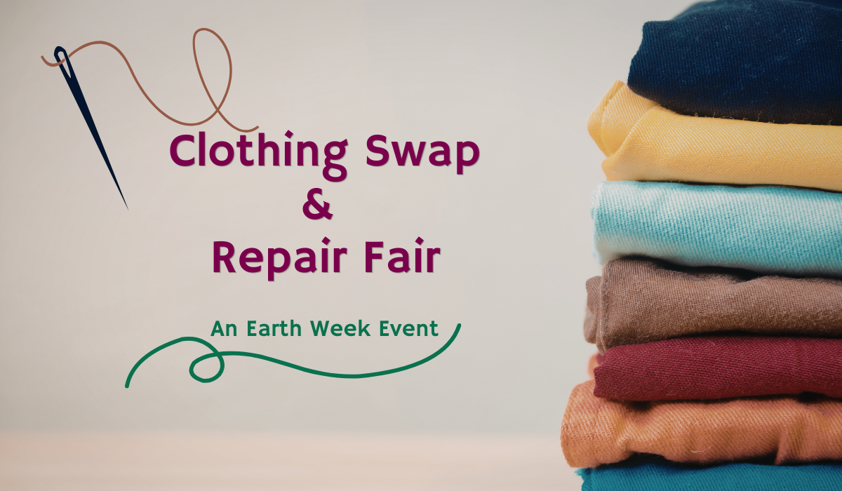 Clothing Swap and Repair Fair text in red font next to a pile of folded clothes