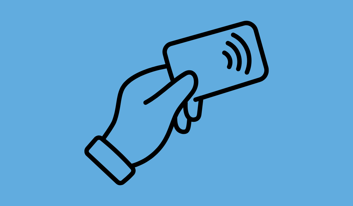 A blue square with an icon of a hand holding a purchasing card.