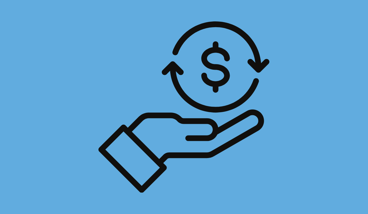 A bue square with an icon of a hand holder a dollar sign.