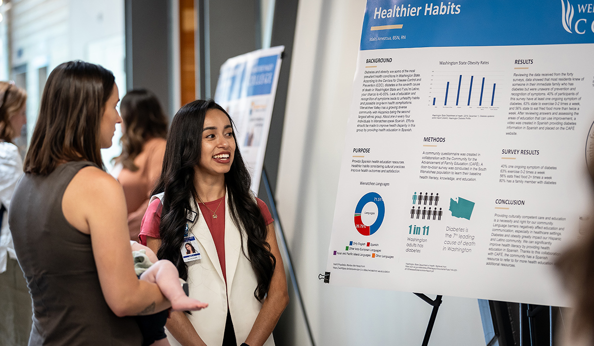 A WVC RN to BSN graduate explains her poster project to a visitor.