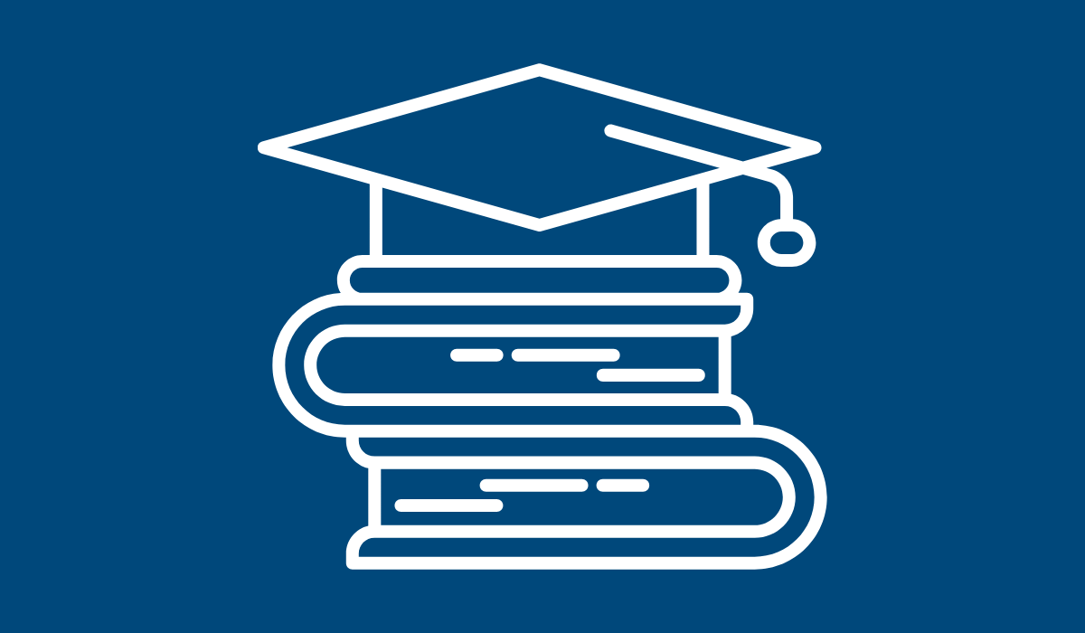 A white icon of a graduation cap and books against a dark blue background.