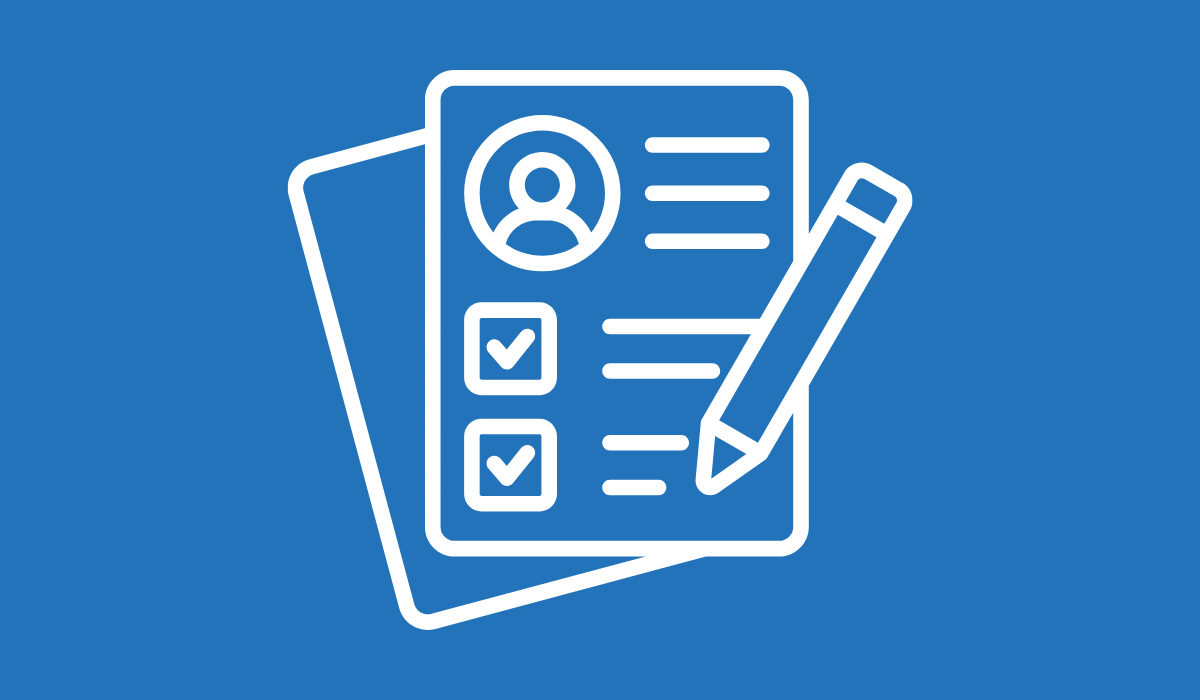 An icon of a paper and pencil against a blue background.