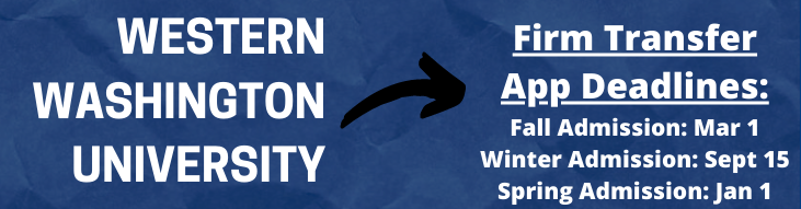 Western Washington University application deadlines: Fall admission is March 1; winter admission is Sept. 15; spring admission is Jan. 1.